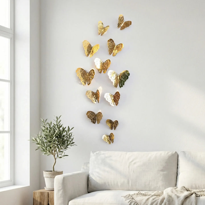 3D metallic wall butterflies, perfect for modern home decor. Easy to install & removable wall art stickers.