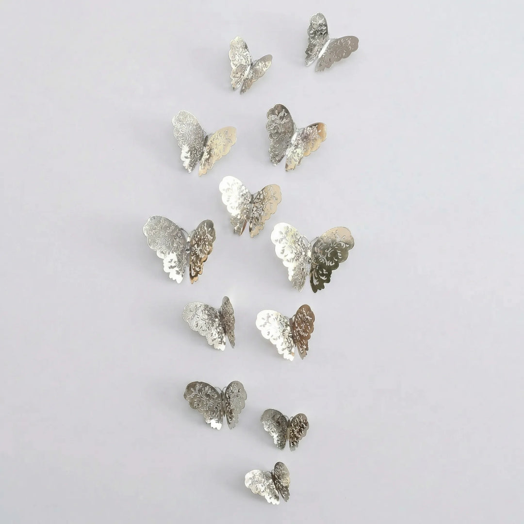 Easy install 3D metallic butterflies for wall decor. Transform your room with these decorative stickers quickly.