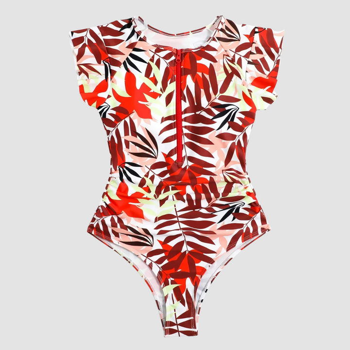 Trendy women's zipper one-piece bathing suit for a chic and sporty summer fashion statement at the beach.