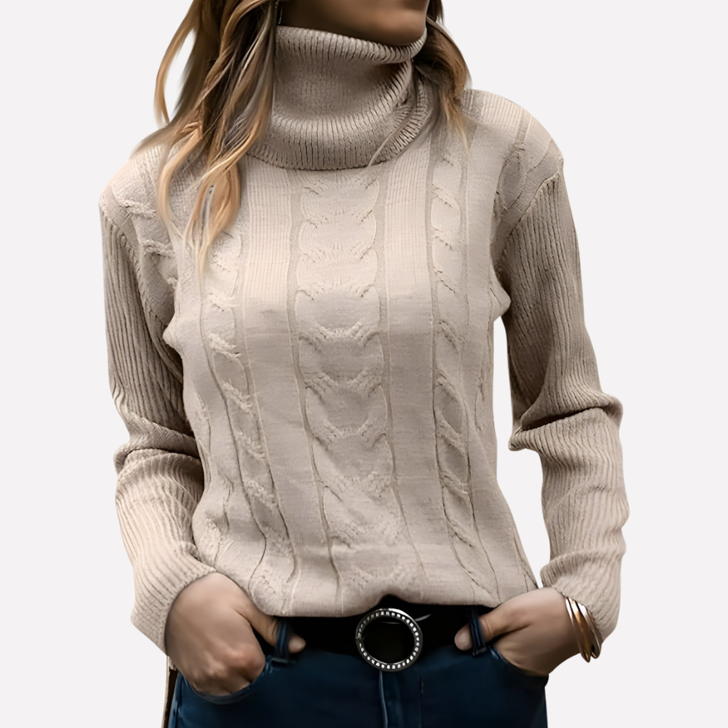 Soft knit women's long sleeve turtleneck sweater, perfect for daily comfort.