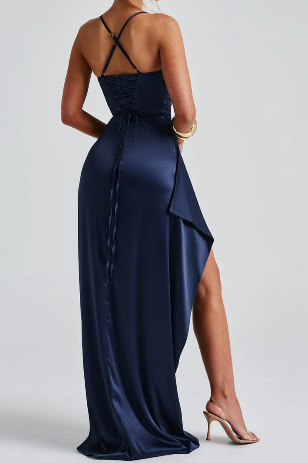 Sophisticated women's blue ruched split maxi party dress, an elegant choice for evening and special occasions.