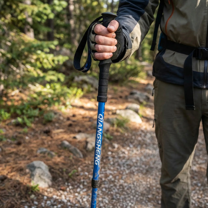 Unisex folding telescopic trekking pole for hiking, lightweight & adjustable trail support.