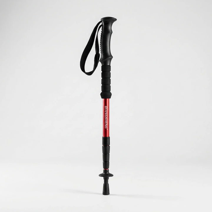 Hiker using a collapsible trekking pole on a mountain trail, essential outdoor gear for stability & adventure.
