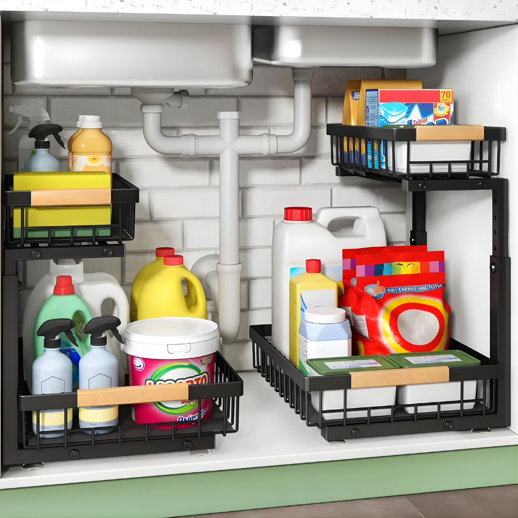 White 2-tier under sink sliding cabinet organizer for kitchen & bathroom storage. Pull-out metal shelf for decluttering.