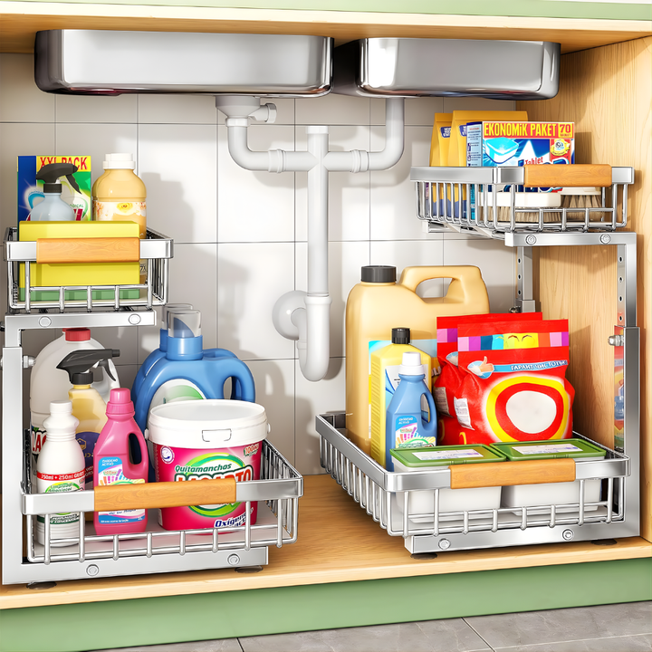 Modern metal pull-out under sink organizer for efficient kitchen & bathroom cabinet storage. Durable slide-out shelf.