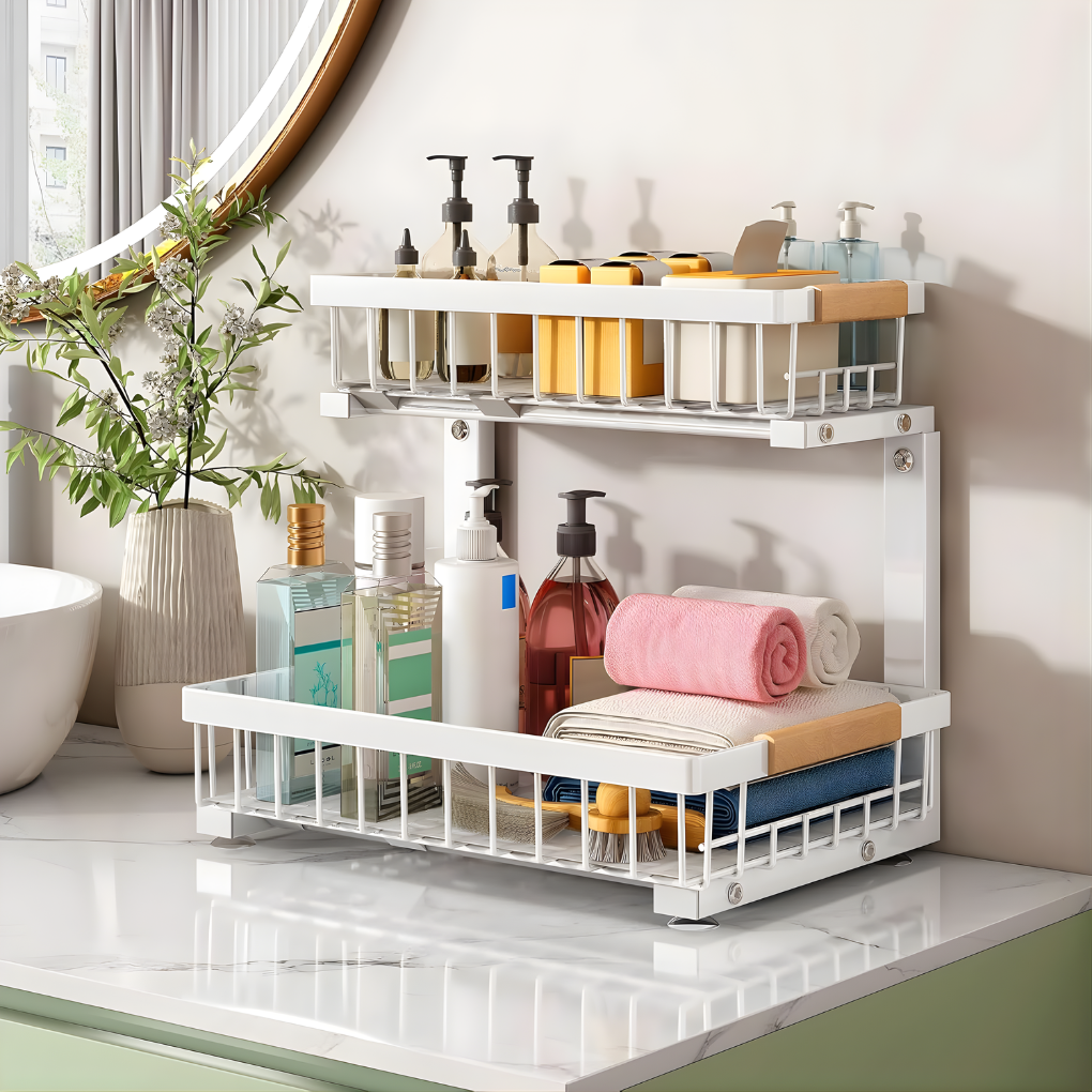 Home under sink cabinet organizer with smooth sliding drawers for easy access to kitchen & bathroom essentials. Declutter.