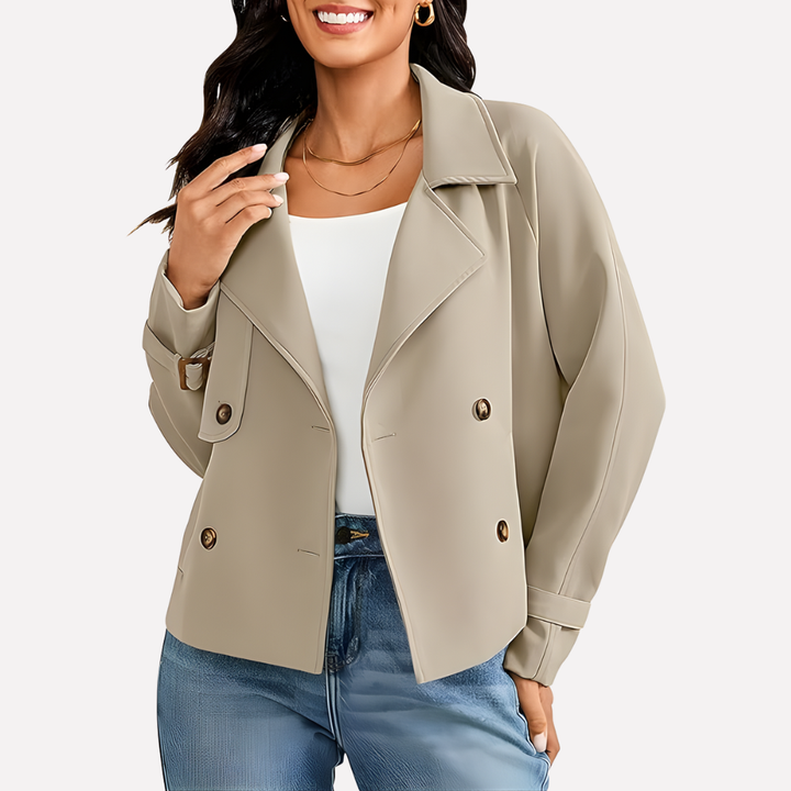 Elegant women's khaki blazer. Tailored jacket perfect for professional office wear & smart business attire.