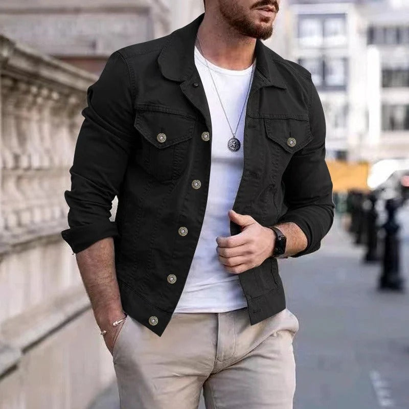 Stylish man modeling a classic all-season button-up jacket, ideal for versatile casual men's fashion.