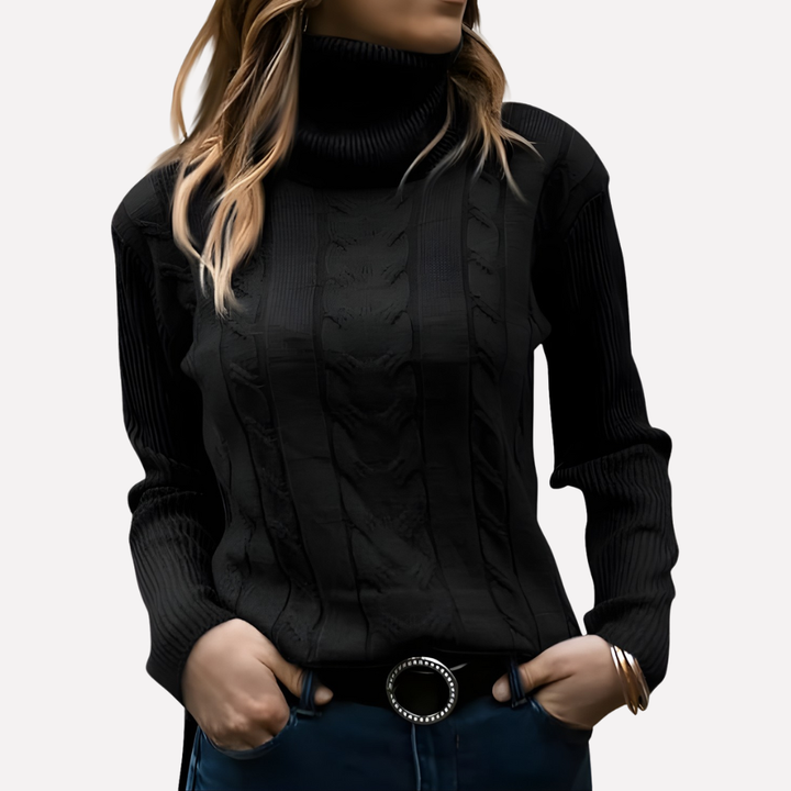 Women's cozy turtleneck pullover, a comfortable casual winter sweater.