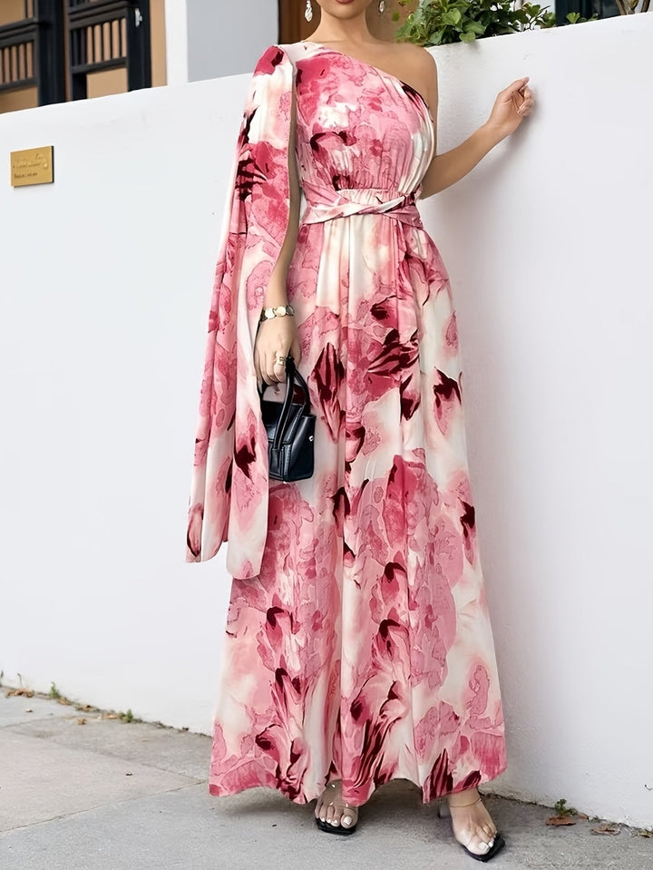 Stylish one-shoulder floral maxi dress for women. Perfect party or formal wear.