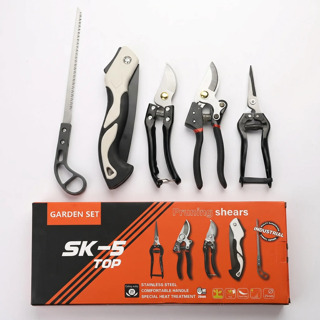 Durable 5-piece garden tool kit featuring bypass pruners, garden shears, and a folding saw for plant care.