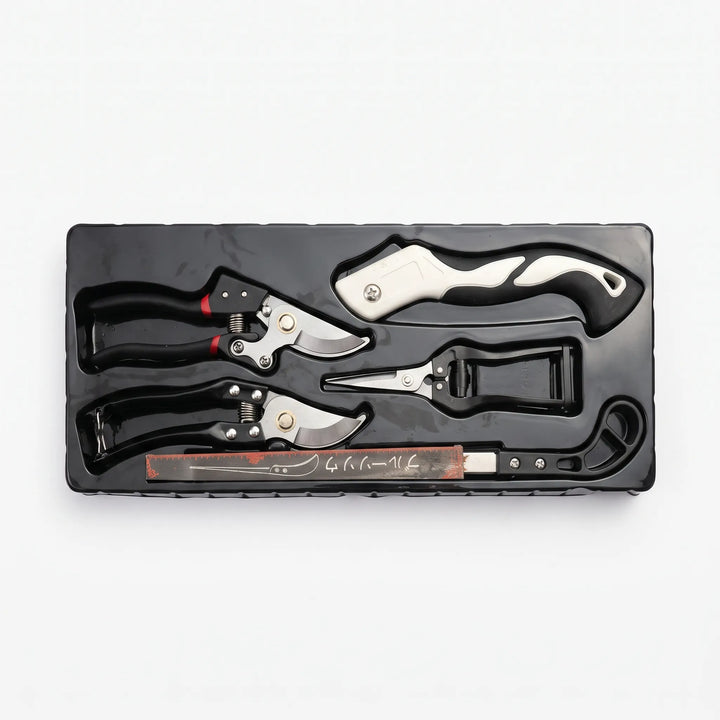 High-quality 5-piece garden tool set, essential for pruning, trimming, and outdoor plant care with durable tools.