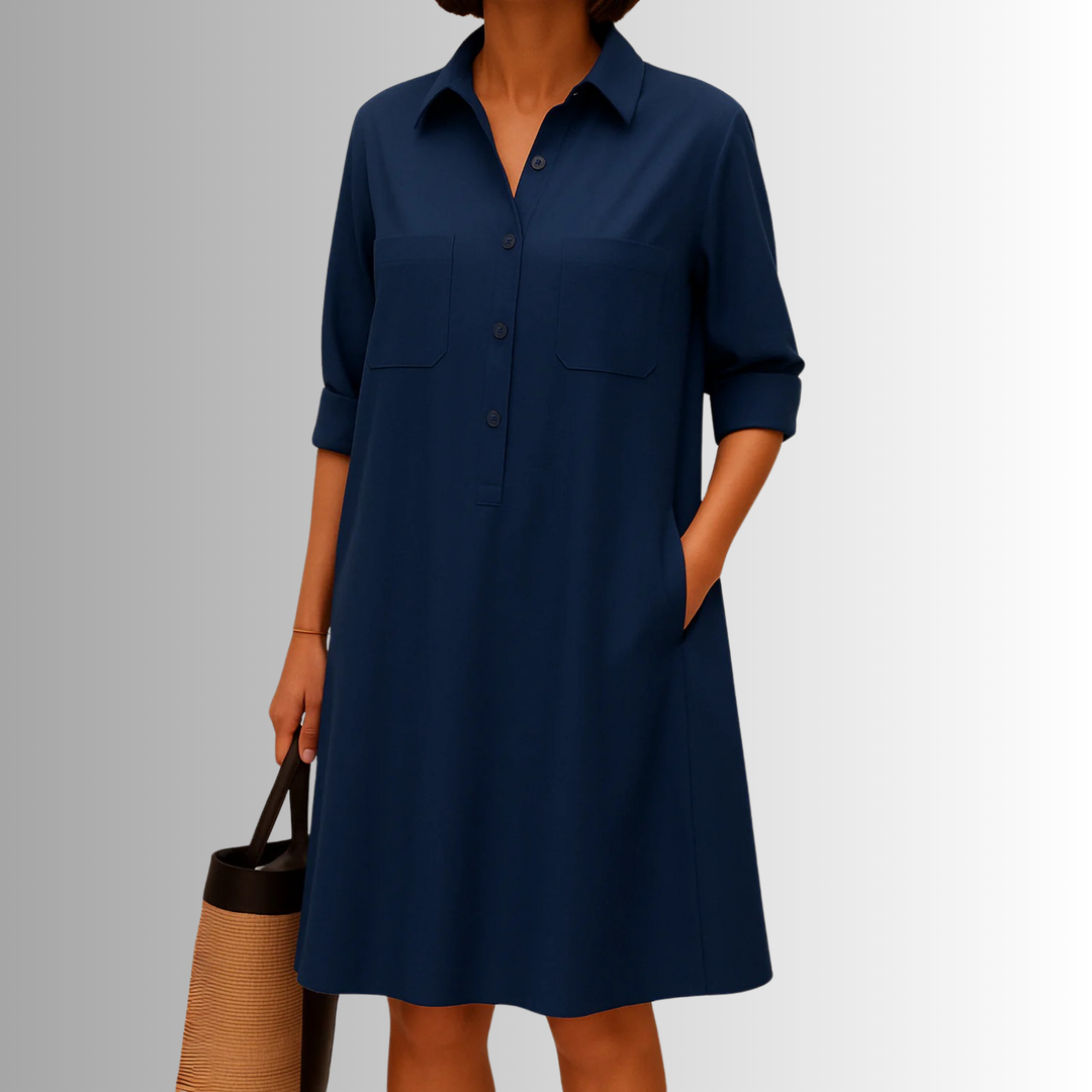 Effortless women's A-line summer dress. Collared, button-front midi style with 3/4 sleeves for casual wear.