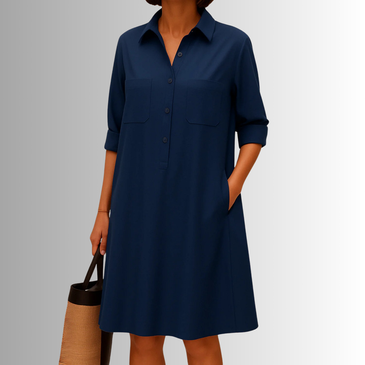 Effortless women's A-line summer dress. Collared, button-front midi style with 3/4 sleeves for casual wear.