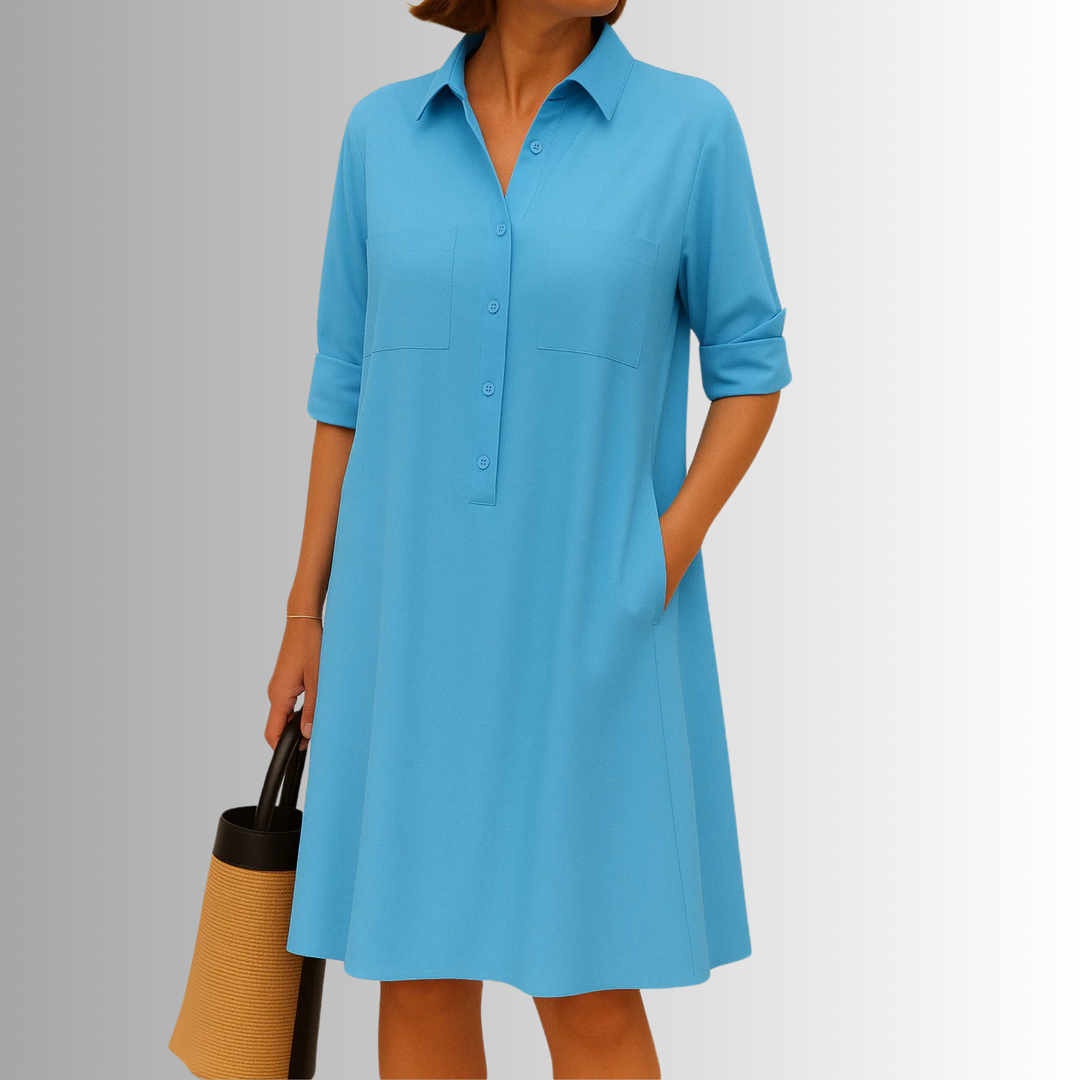 Comfortable women's casual A-line button dress with 3/4 sleeves & pockets, a versatile midi for everyday style.