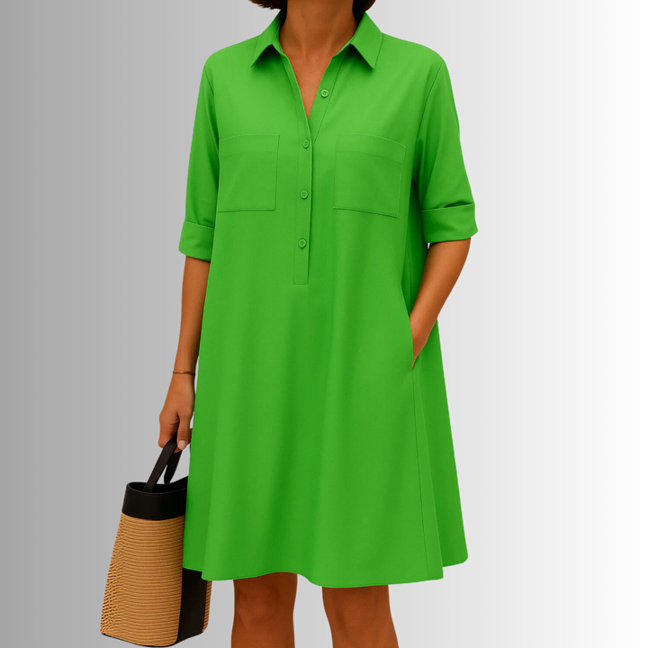 Women's button-front A-line midi dress. Casual collared design with 3/4 sleeves, perfect for summer everyday wear.