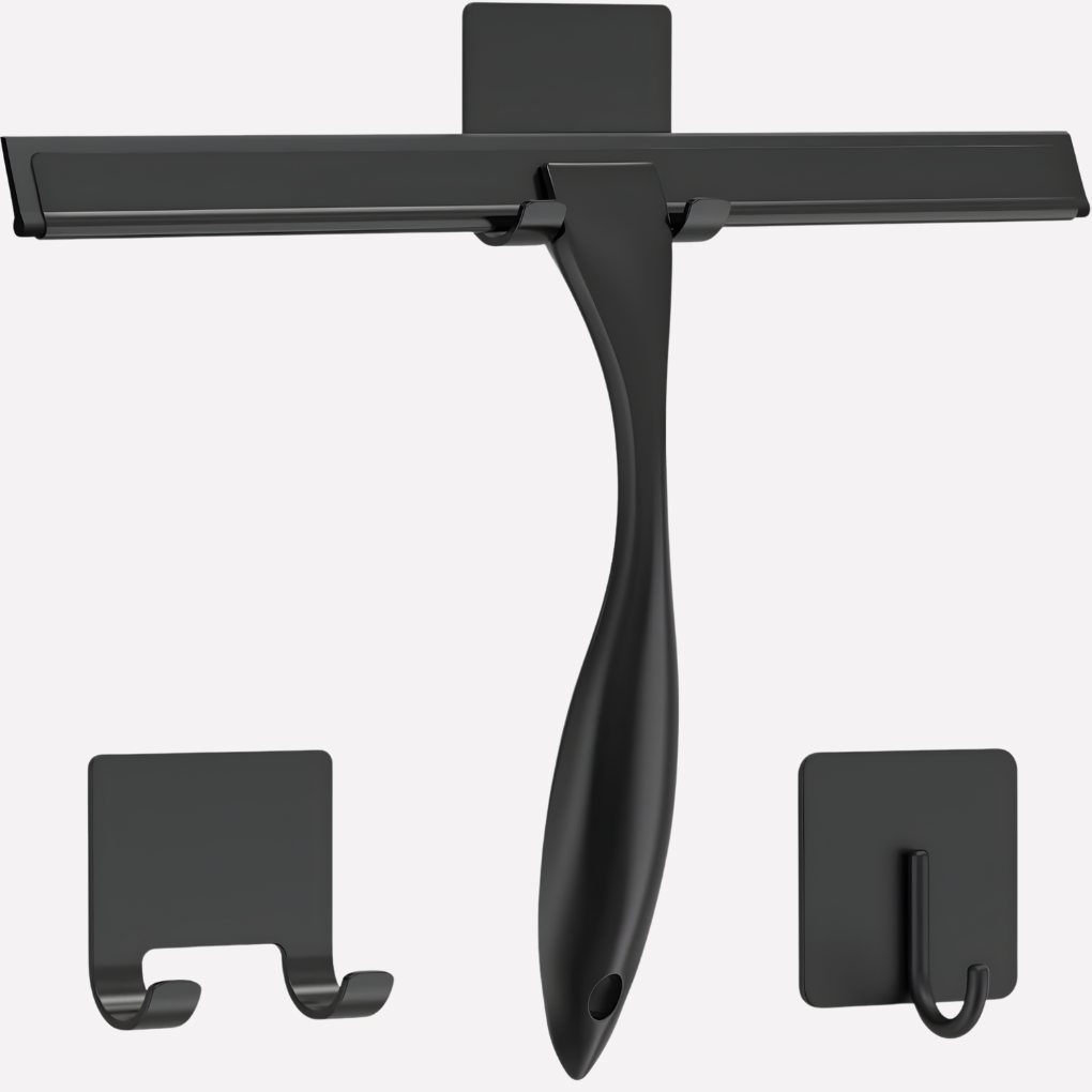 Stainless steel shower squeegee with ergonomic handle for streak-free glass doors, mirrors, and tiles.