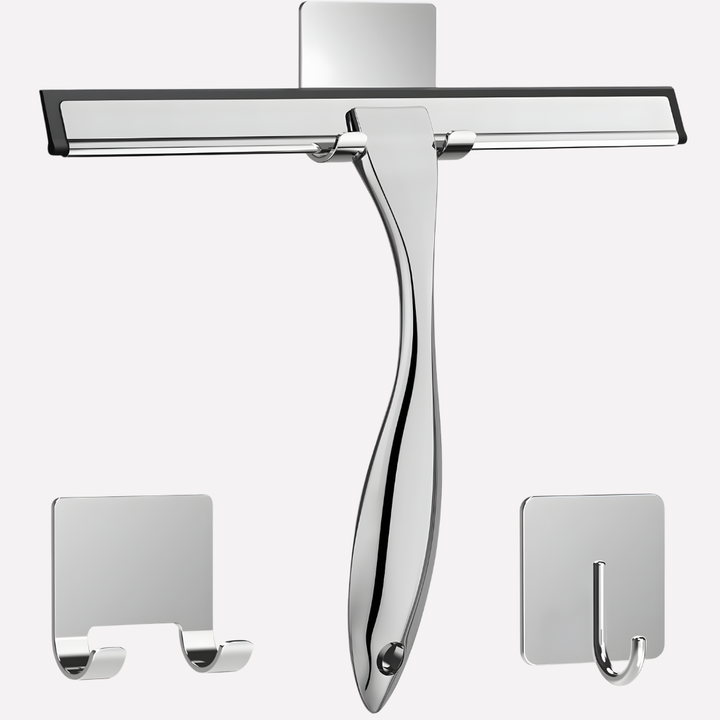 Premium stainless steel shower squeegee, a home essential for spotless bathroom glass, mirrors & wall tiles.