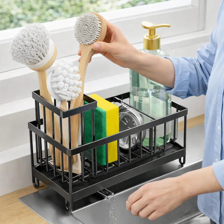 Stylish black kitchen sink caddy, stainless steel holder for sponges, dish brushes, and soap. Keep countertops tidy.
