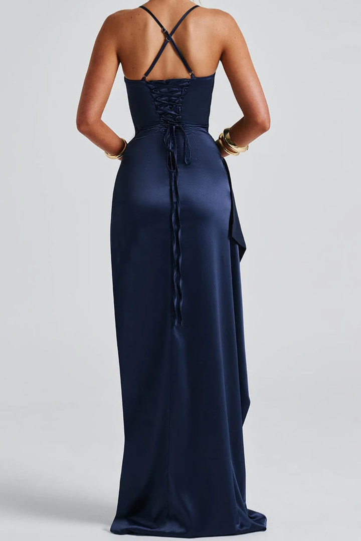 Chic women's blue ruched split maxi evening gown, an elegant & comfortable choice for galas and formal events.