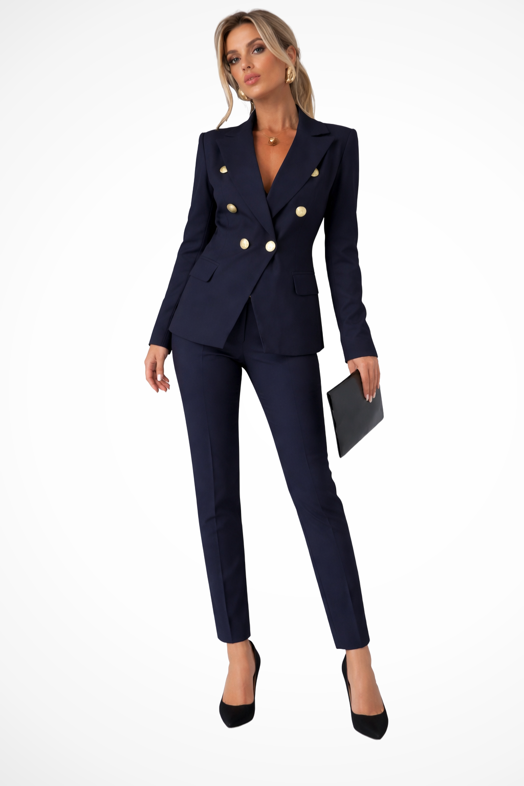 Sophisticated women's blazer set with double-breasted jacket & tailored trousers, suitable for business casual.