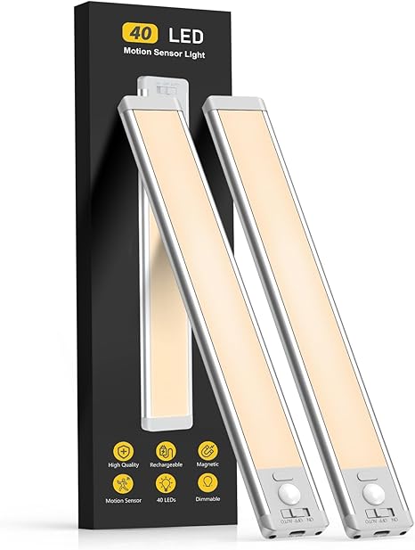 Wireless LED under-cabinet light with motion sensor for kitchen illumination. Rechargeable, magnetic, easy install.
