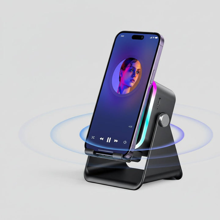 Portable Bluetooth speaker dock with phone stand, power bank, and LED light for versatile smartphone use.