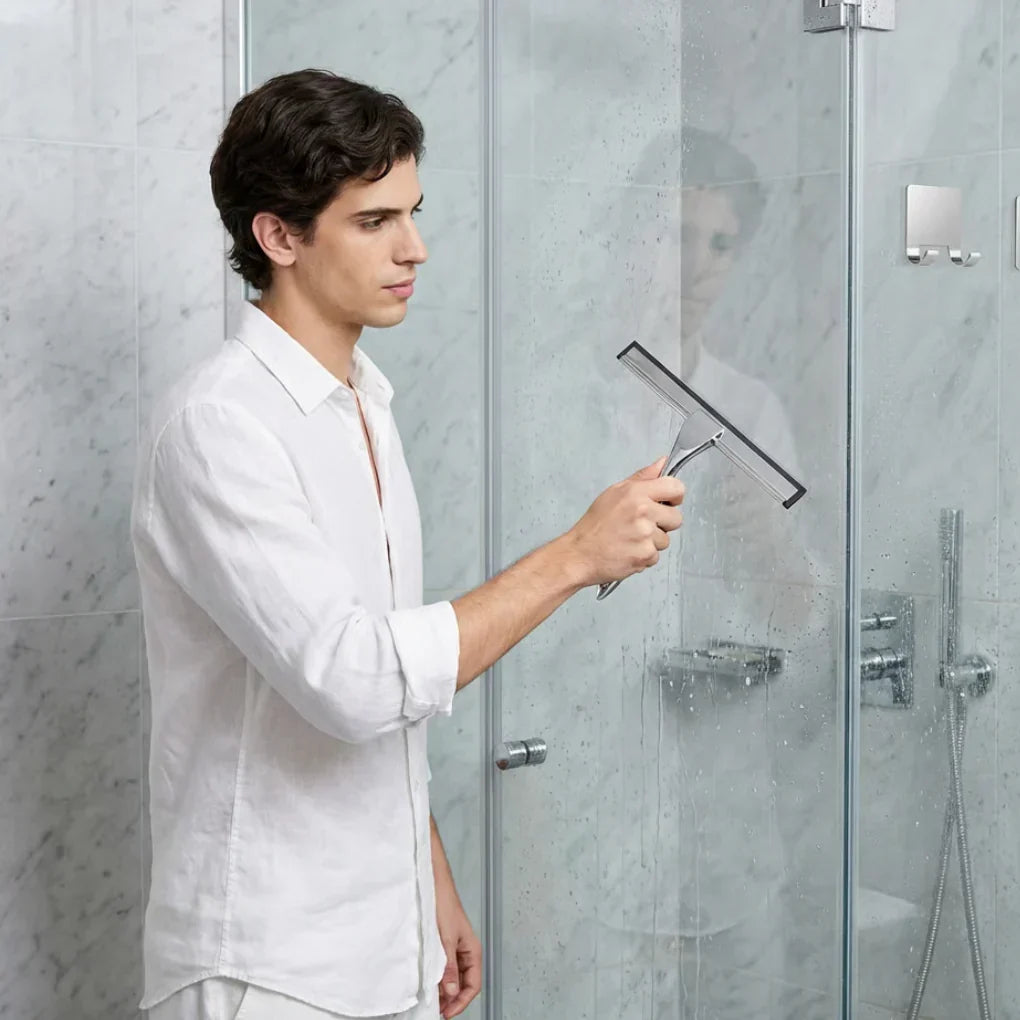 Modern stainless steel shower squeegee for bathroom glass, tiles, and mirrors; ensures a spotless, streak-free finish.