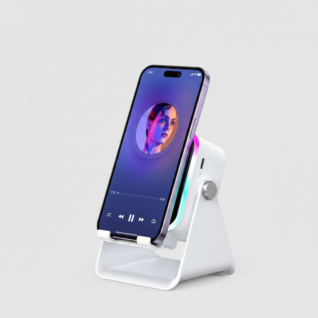 Multi-functional smartphone holder & wireless speaker for hands-free calls, music, and video streaming.