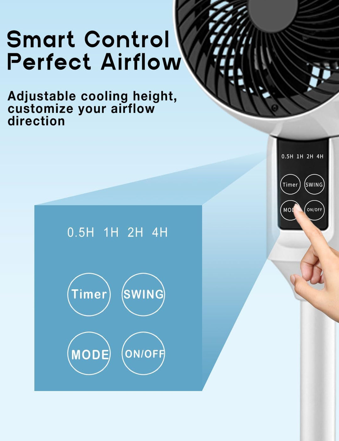 White Tavvitaimp18 oscillating fan with remote control. Adjustable height for directed, quiet cooling airflow.