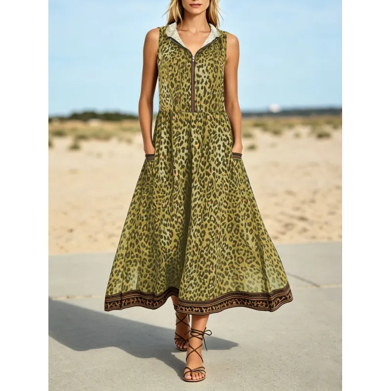 Women's sleeveless hooded leopard print maxi dress with side pockets, perfect for casual summer style.