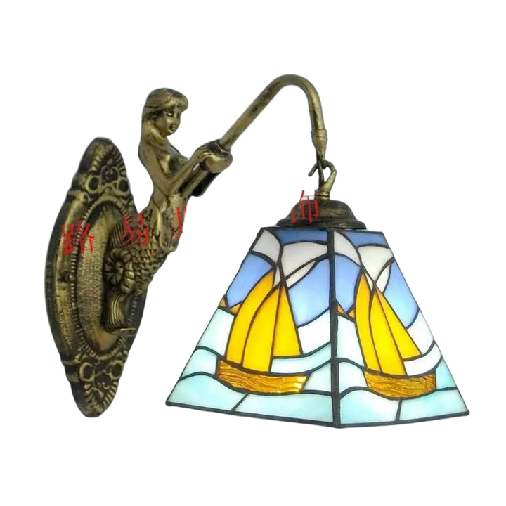 Handcrafted mermaid glass LED wall lamp, unique artistic lighting for modern home decor.
