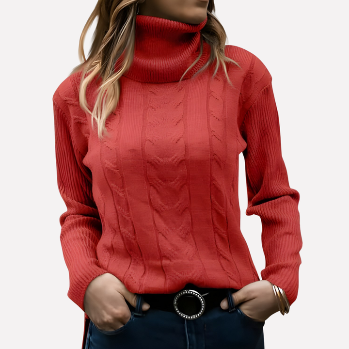 Stylish women's casual turtleneck pullover sweater for cold weather fashion.