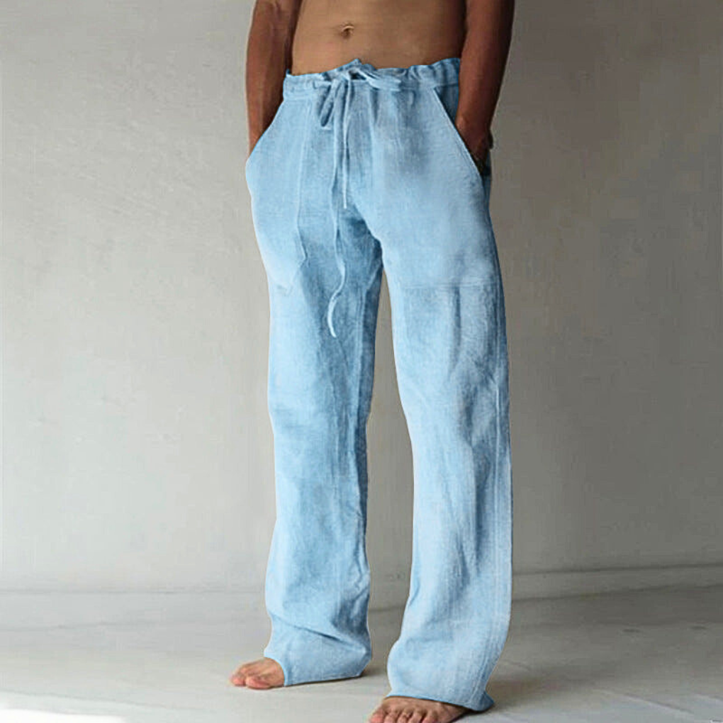 Mens fashion high-waist wide-leg pants. Soft, comfortable lounge pants with a practical drawstring for casual style.