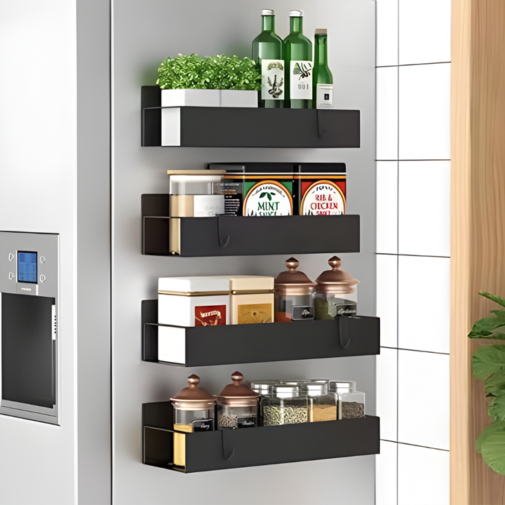 Magnetic refrigerator spice rack set in black, space-saving kitchen organizer for seasoning, attaches to fridge.