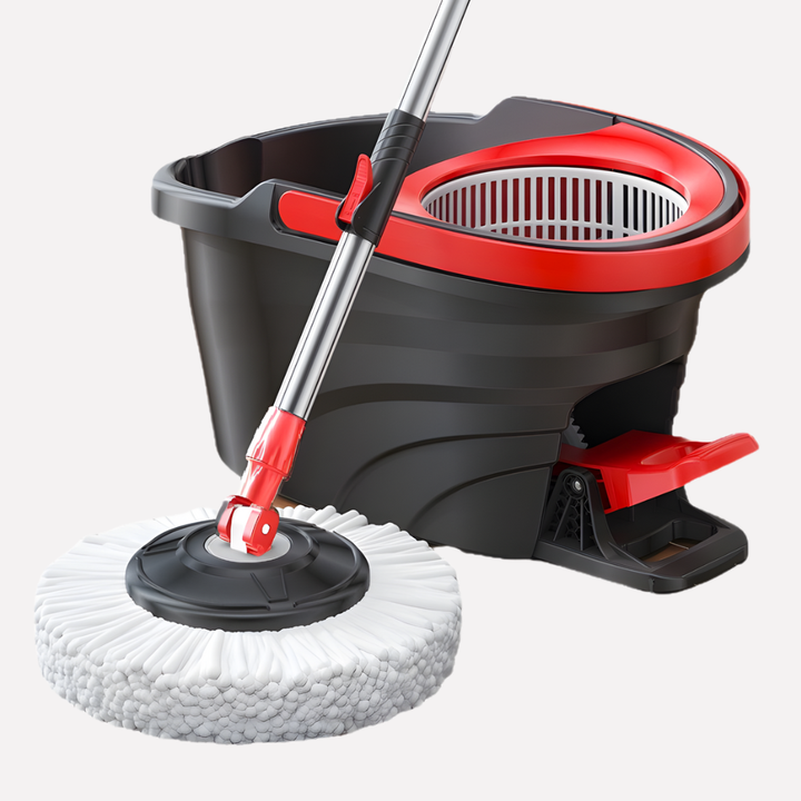 Household spin mop and bucket cleaning system with microfiber head for easy, efficient hard floor care and home cleaning.