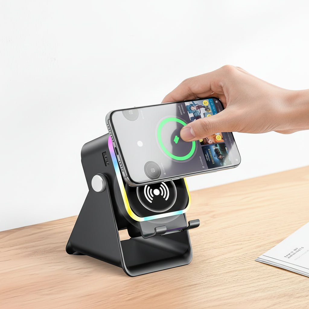Universal wireless speaker dock & smartphone holder for hands-free audio, a perfect multi-functional desk accessory.