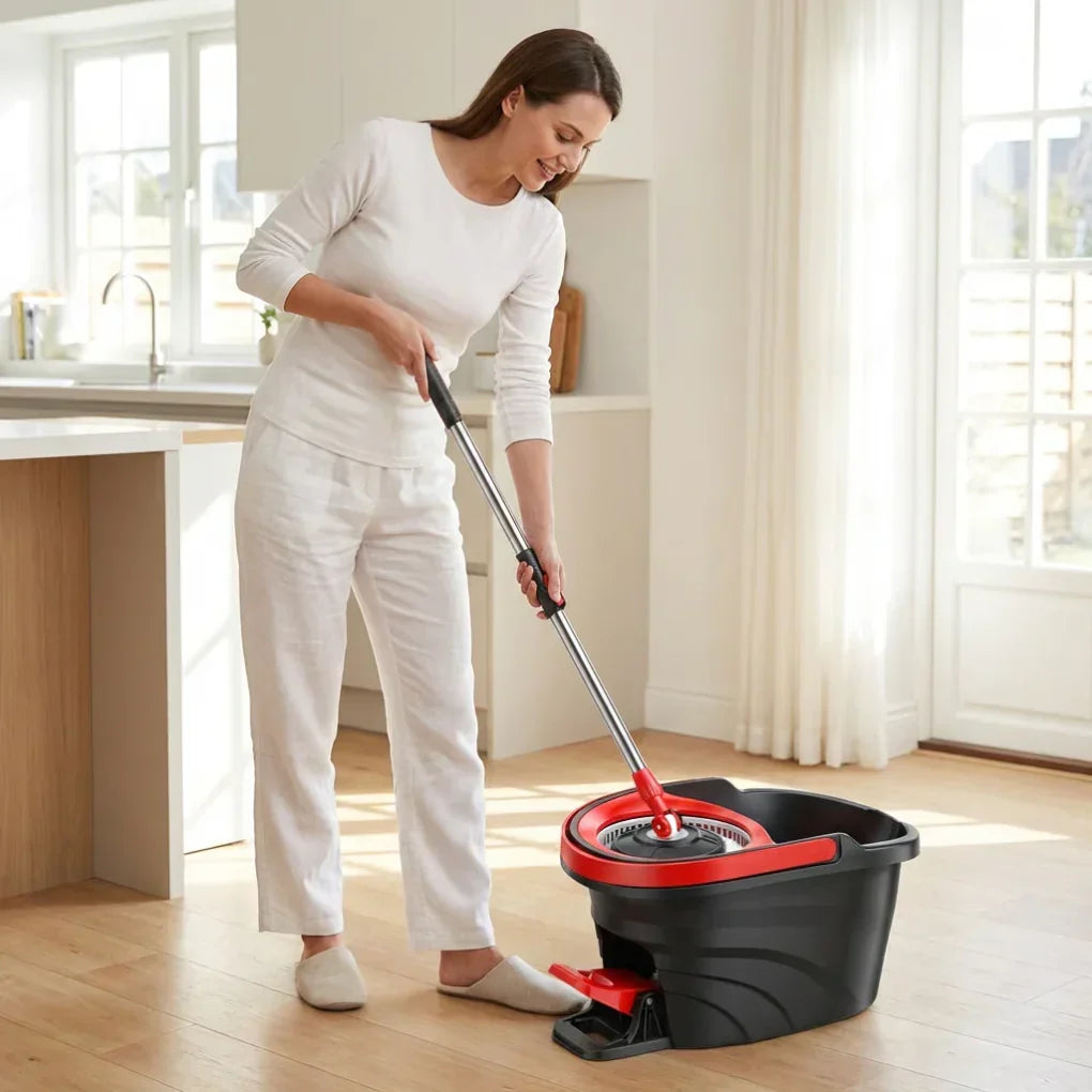 Ergonomic spin mop and bucket cleaning system, featuring a highly absorbent microfiber mop for spotless floor cleaning.