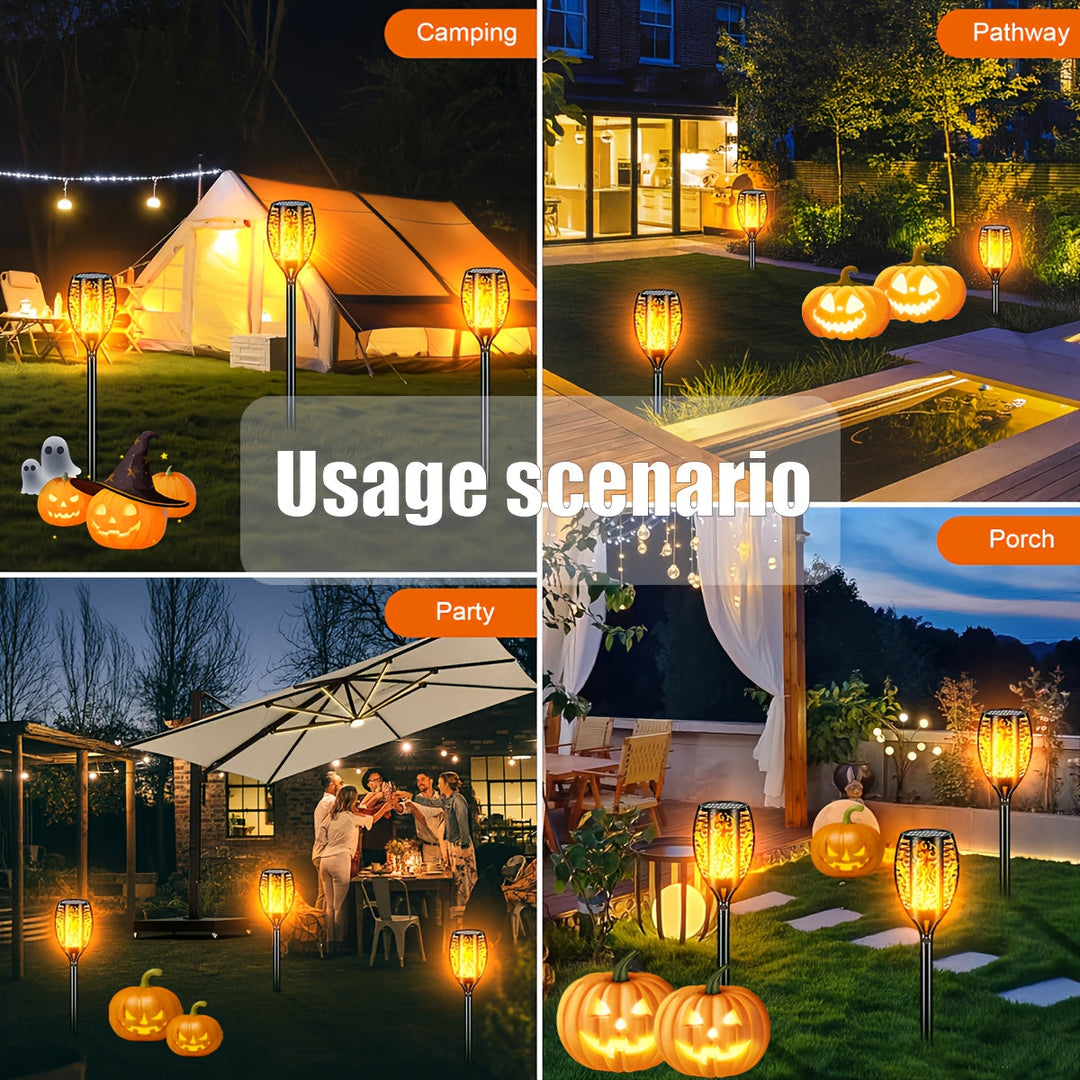 Wireless, easy-install solar garden lights, 8-pack, creating a warm flickering flame atmosphere.