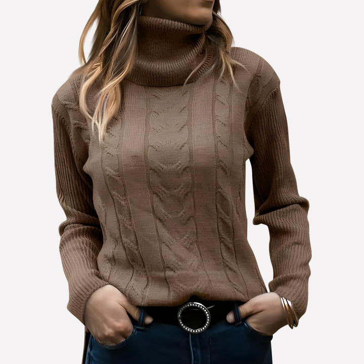 Everyday women's cozy turtleneck sweater, soft long sleeve pullover design.