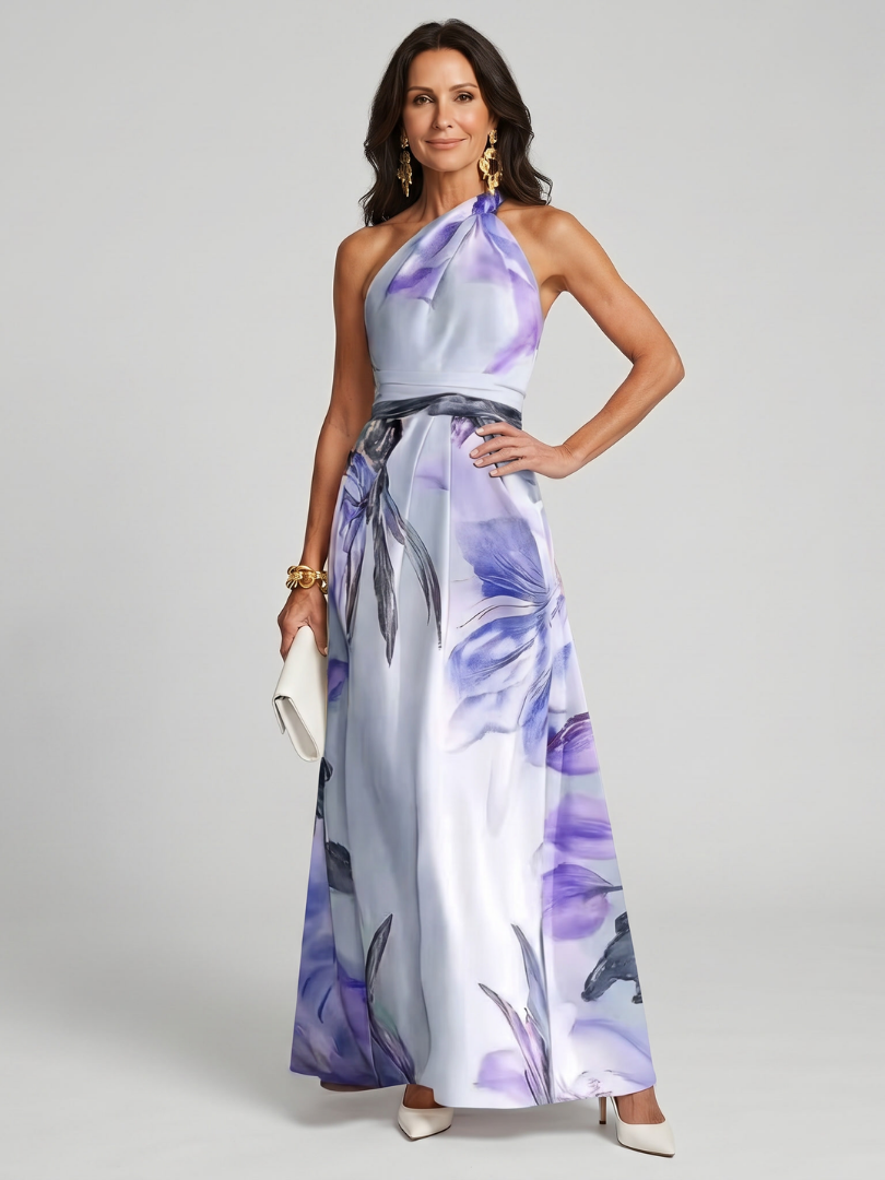 Front view of a stylish women's halter maxi dress, featuring an elegant neckline and flowing skirt.