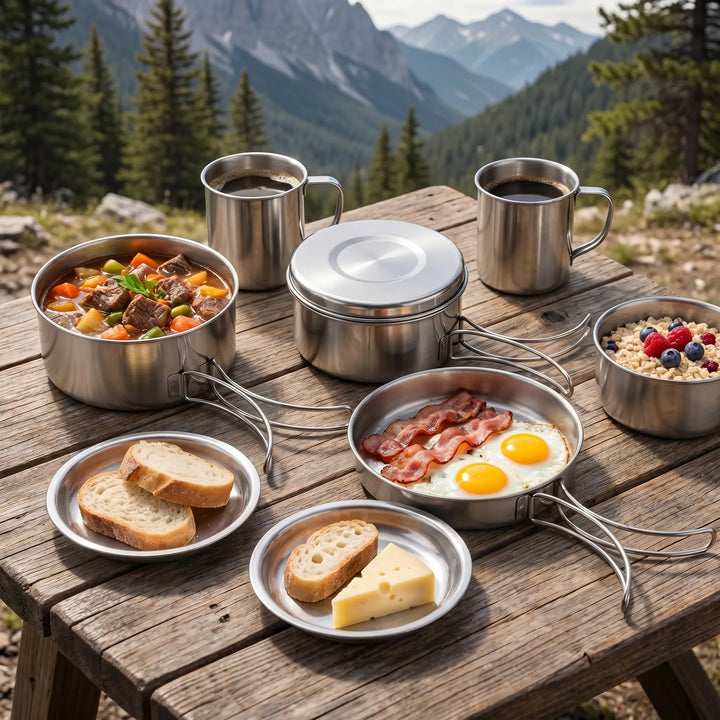Unisex 8-piece camping cookware set for backpacking, outdoor cooking, and camp kitchen adventures.