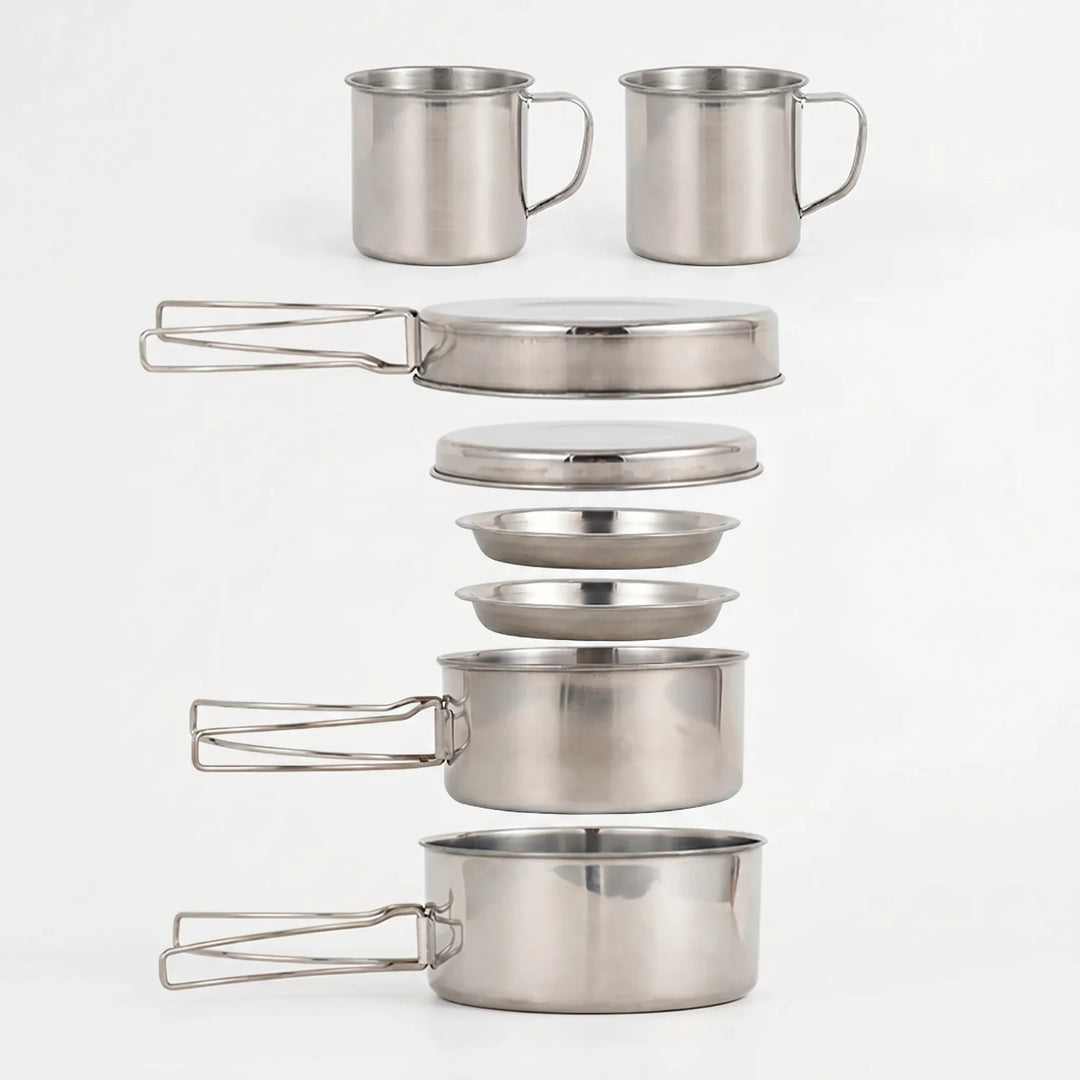 Durable 8-piece camping cookware set, ideal for outdoor meals, backpacking, and portable camp kitchen.
