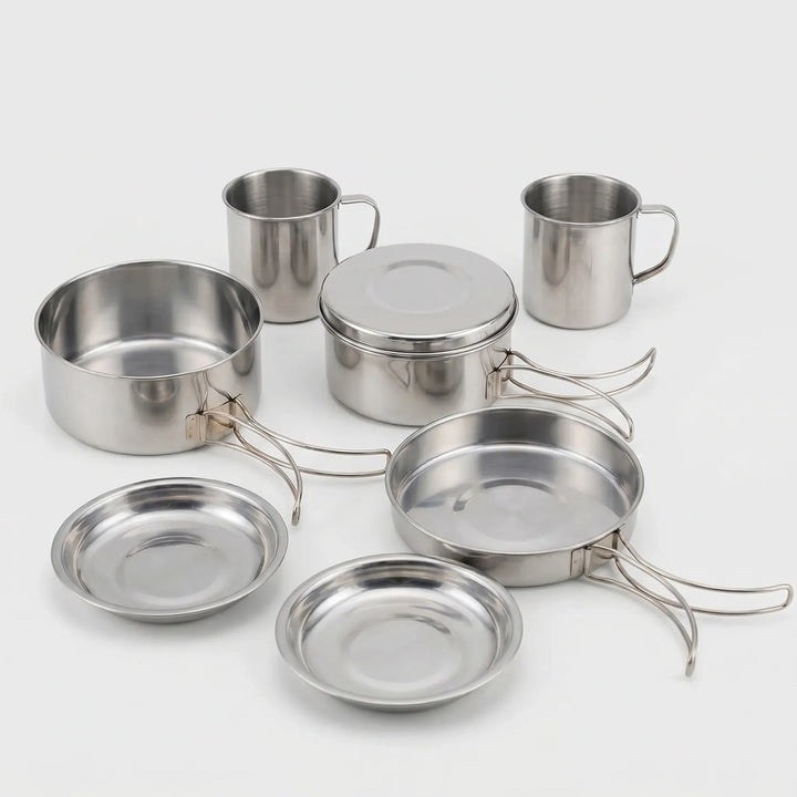Metal 8-piece camping cookset, durable and compact for outdoor meals, backpacking, and hiking adventures.