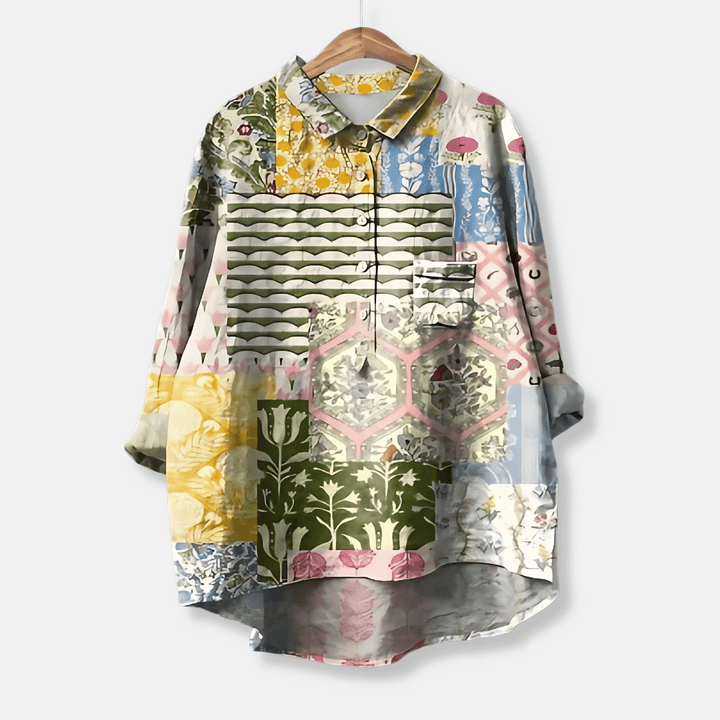 Chic women's floral button-front long blouse, loose fit. Effortless style for casual outings or office wear.