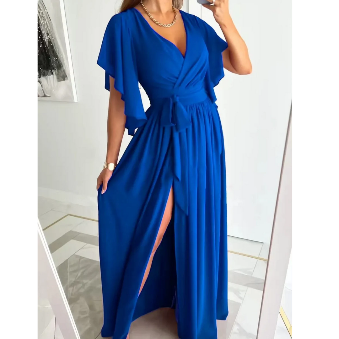 Sofia V-neck summer dress with delicate bell sleeves, a comfortable and stylish option for women.