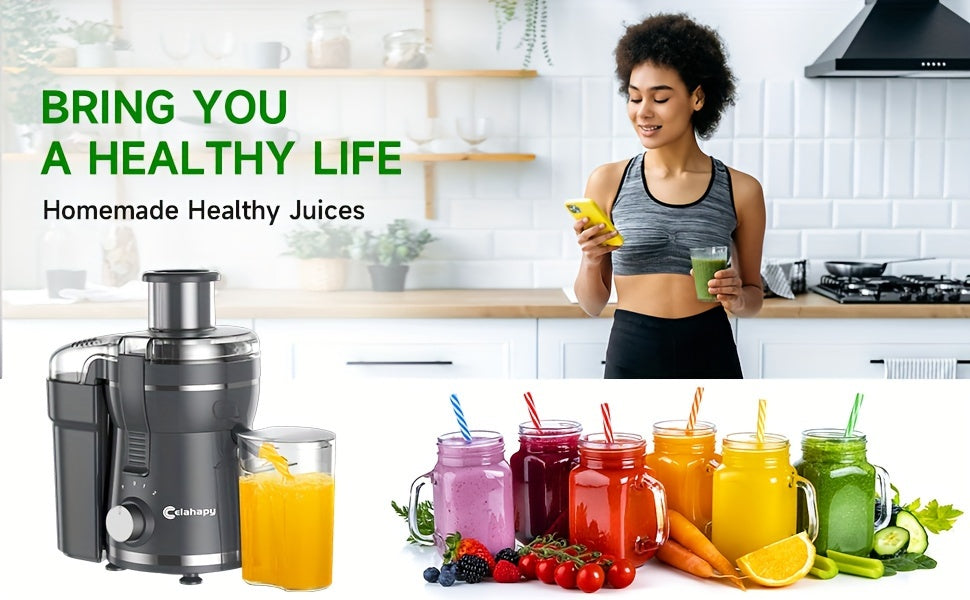 Versatile 500W electric juicer processing various fruits & vegetables for healthy home kitchen drinks.