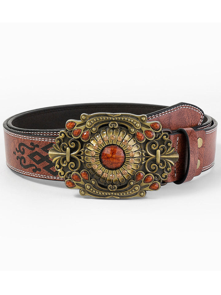 Casual women's belt adorned with a prominent vintage gem flower, a chic accessory for any outfit.
