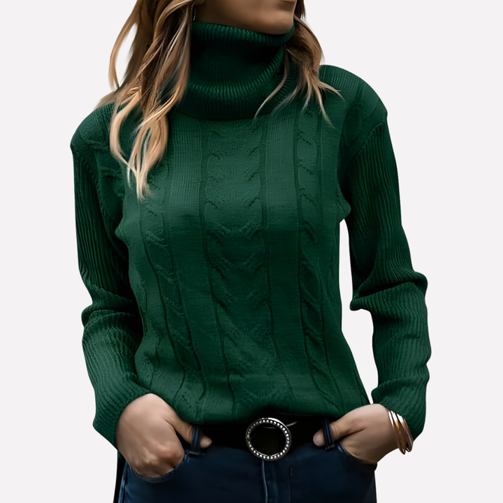 Warm women's pullover sweater with a comfy turtleneck for chilly winter wear.