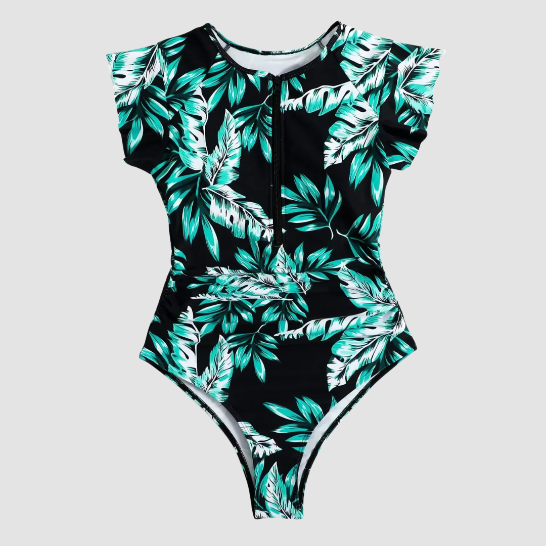 Elegant women's one-piece swimsuit featuring a stylish front zipper, perfect for sporty summer beachwear.